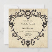 Gothic Black Tan Parchment Filigree Heart Wedding Einladung (Vorderseite)