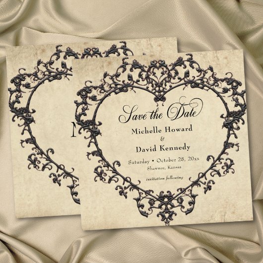 Gothic Black Tan Parchment Filigree Heart Wedding Save The Date