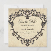 Gothic Black Tan Parchment Filigree Heart Wedding Save The Date (Vorderseite)