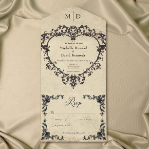 Gothic Black Tan Pergament-Filigran-Herz-Hochzeit All In One Einladung