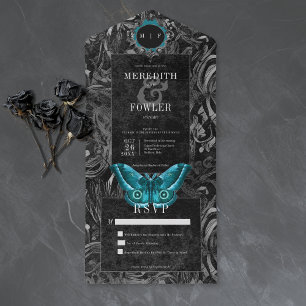 Gothic Black Türkis Filigran Motte Keine Hochzeits All In One Einladung