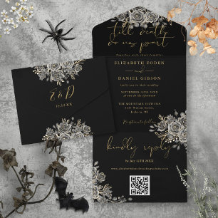 Gothic Black und Gold Rosen QR Code Hochzeit All In One Einladung