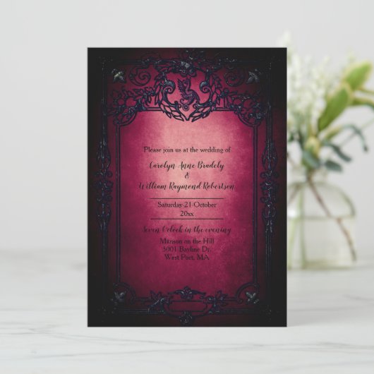 Gothic Black und Ruby Wedding Einladung (Stehend Vorderseite)