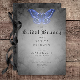Gothic Black Watercolor Blue Moth Bridal Brunch Einladung