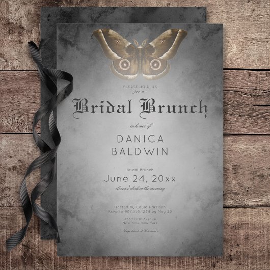 Gothic Black Watercolor Brown Moth Bridal Brunch Einladung