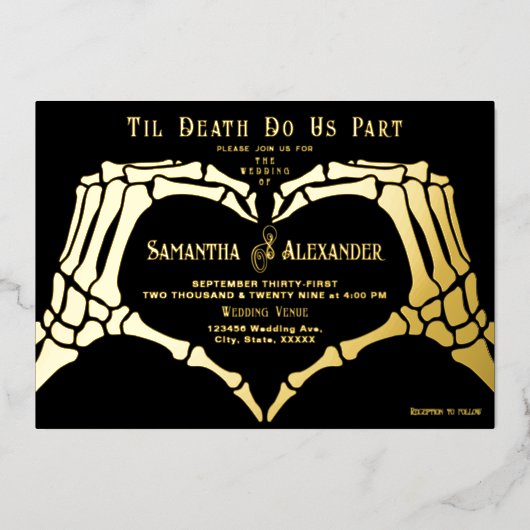 Gothic Black Wedding Skeleton Hände bis zum Tod Folieneinladung (Vorderseite)