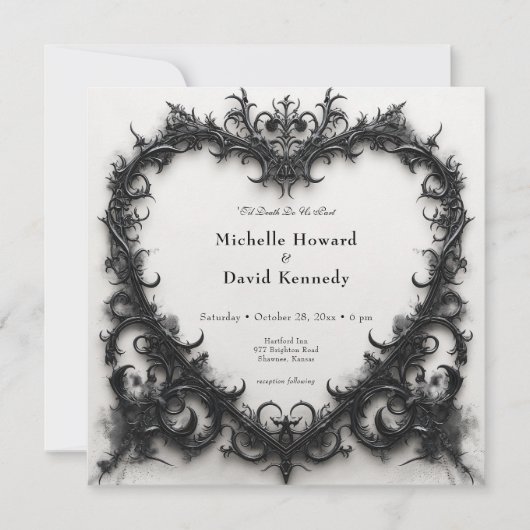 Gothic Black & White Filigree Heart Wedding Einladung (Vorderseite)