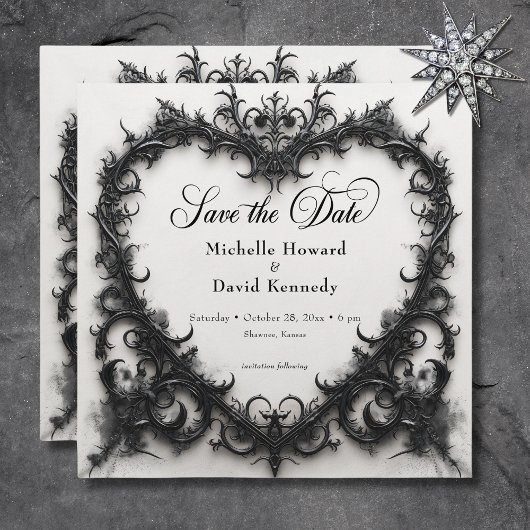 Gothic Black & White Filigree Heart Wedding Save The Date