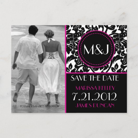 Gothic Black & White/Pink Save the Date Geblüht Ankündigungspostkarte (Vorderseite)