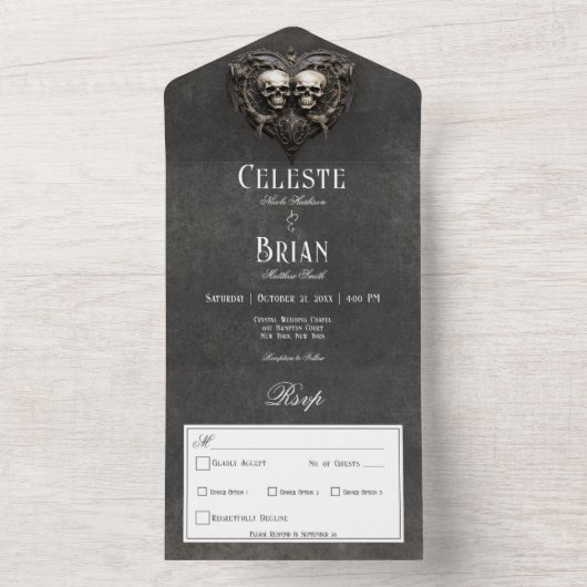 Gothic Black & White Skulls & Heart Dinner All In One Einladung (Innen Boden)