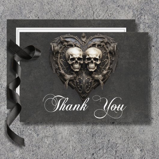 Gothic Black & White Skulls & Heart Wedding Dankeskarte