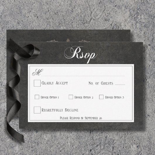 Gothic Black & White Skulls & Heart Wedding Dinner RSVP Karte