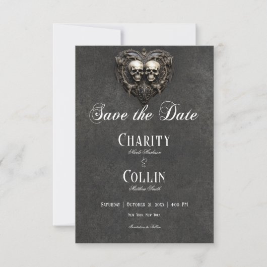 Gothic Black & White Skulls & Heart Wedding Save The Date (Vorderseite)