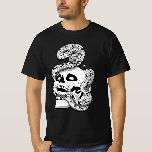 Gothic Black & White Snake und Skull Dark Art T-Shirt (Vorderseite)