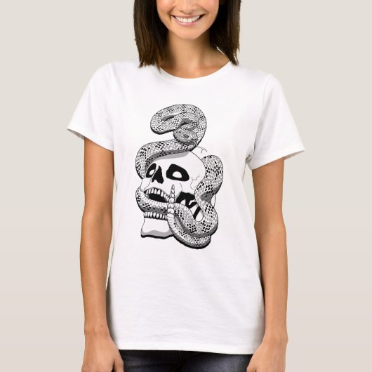 Gothic Black & White Snake und Skull Dark Art T-Shirt (Vorderseite)
