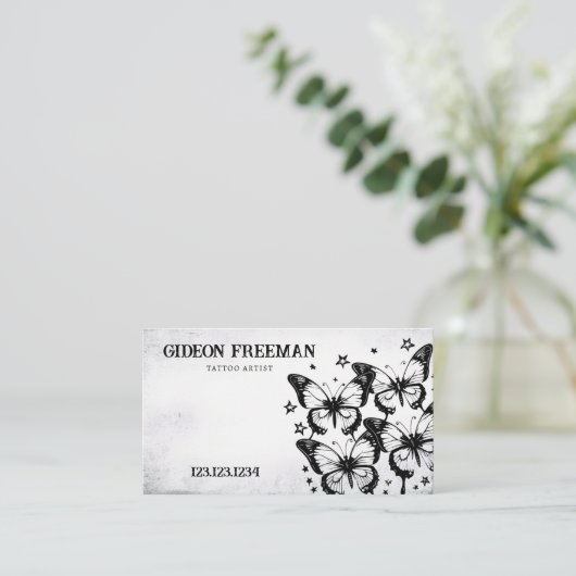 Gothic Black & White Sparkling Butterflies Tattoo Visitenkarte (Stehend Vorderseite)