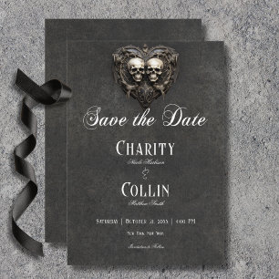 Gothic Black & White Totenköpfe & Herz Hochzeit Save The Date