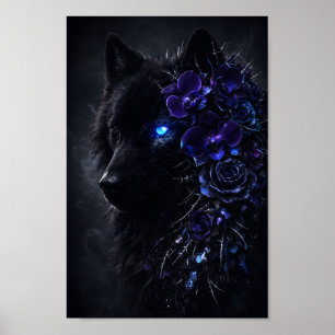 Gothic Black Wolf Leuchtendes Blaues Auge Lila Blü Poster