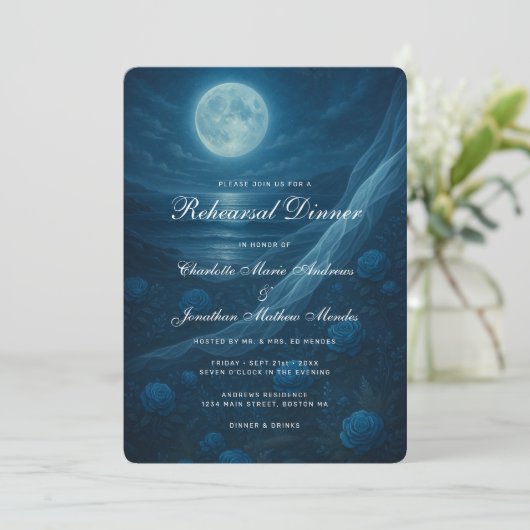 Gothic Blue Beach Moon Skeleton Rehearsal Dinner Einladung (Stehend Vorderseite)