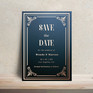 Gothic Blue & Rose Gold Save the Date Folieneinladung
