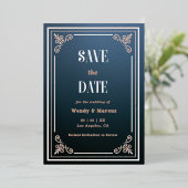 Gothic Blue & Rose Gold Save the Date Folieneinladung (Stehend vorne)