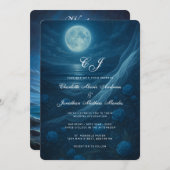 Gothic Blue Skeleton Couple Beach Moon Wedding Einladung (Vorne/Hinten)