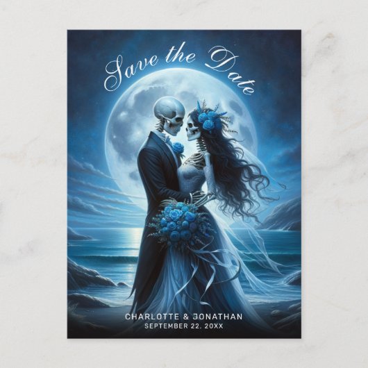 Gothic Blue Skeleton Couple Wedding Save the Date Ankündigungspostkarte (Vorderseite)