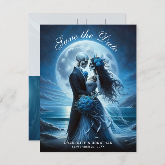 Gothic Blue Skeleton Couple Wedding Save the Date Ankündigungspostkarte (Vorne/Hinten)