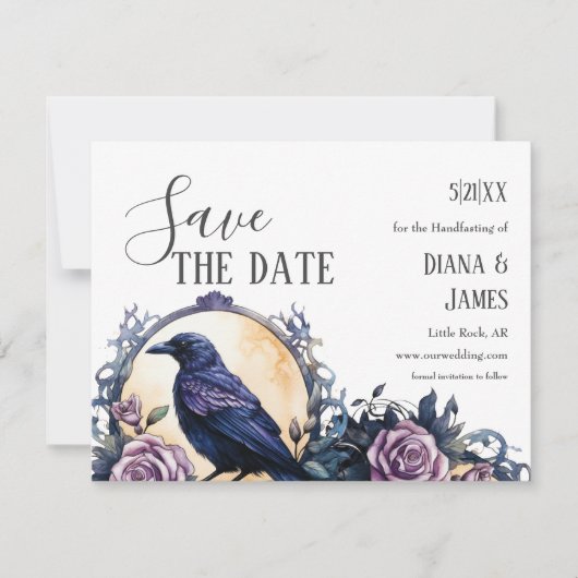 Gothic Boho Floral Raven & Rose Handfastings Save The Date (Vorderseite)