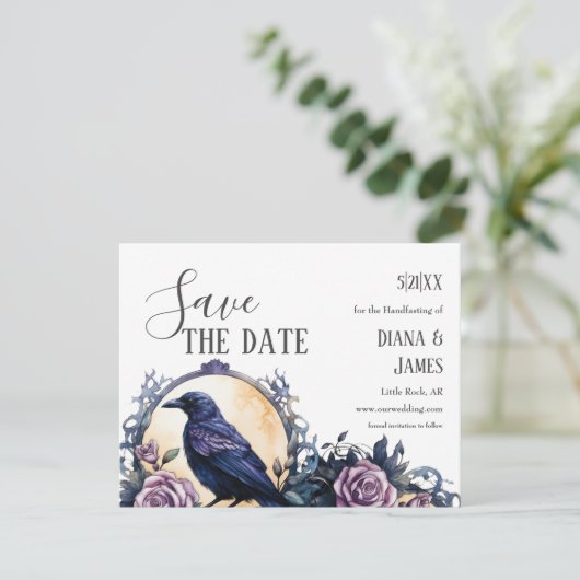 Gothic Boho Floral Raven & Rose Handfastings Save The Date (Stehend Vorderseite)