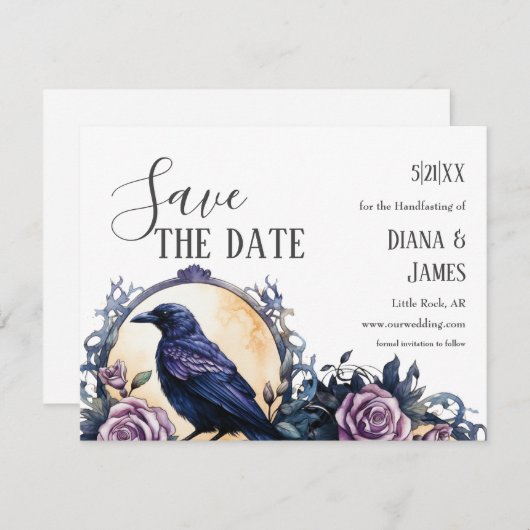 Gothic Boho Floral Raven & Rose Handfastings Save The Date (Vorne/Hinten)