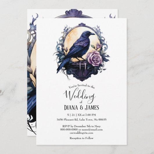 Gothic Boho Floral Raven & Rose Wedding Einladung (Vorne/Hinten)