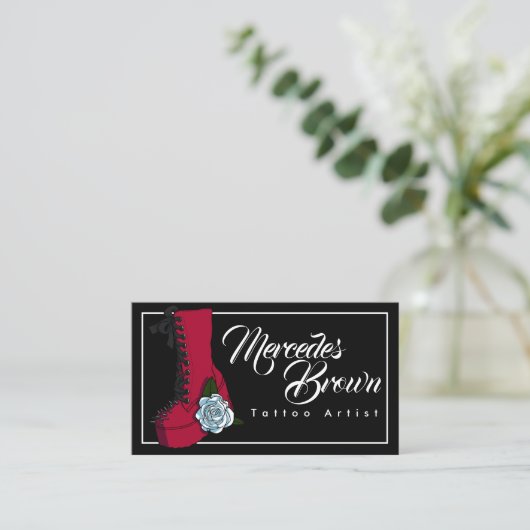 Gothic Boot Script Black Tattoo Artist Visitenkarte (Stehend Vorderseite)