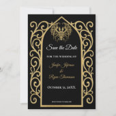 Gothic border black and gold wedding save the date ankündigung (Vorderseite)