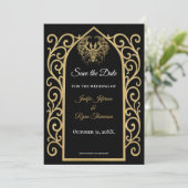 Gothic border black and gold wedding save the date ankündigung (Stehend Vorderseite)