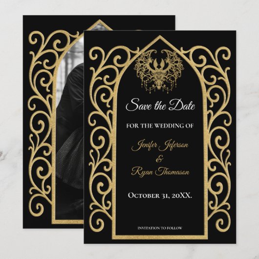 Gothic border black and gold wedding save the date ankündigung (Vorne/Hinten)