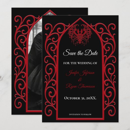 Gothic border black and red wedding save the date ankündigung (Vorne/Hinten)