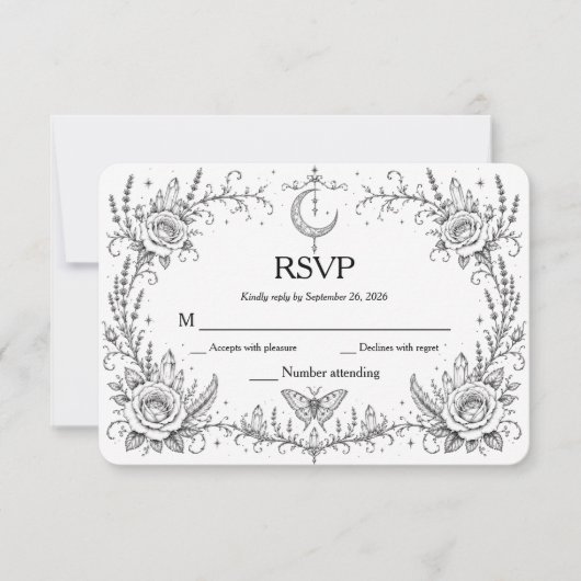Gothic Botanical RSVP Schwarz und Weiß Dankeskarte (Vorderseite)