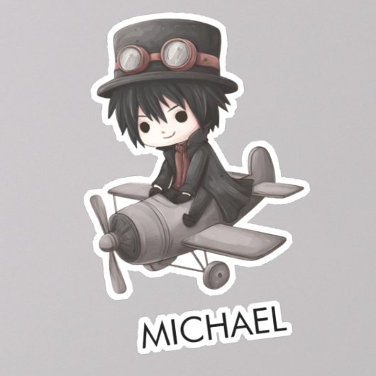 Gothic Boy Pilot flies Airplane Personalized Anime Aufkleber
