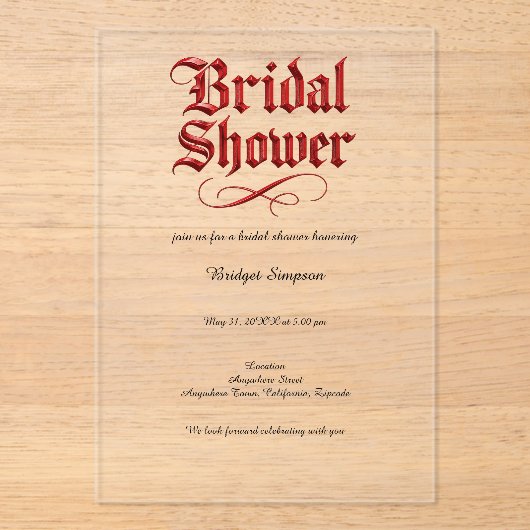 Gothic Brautparty Red Metallic Script Acryleinladungen (Vorderseite)