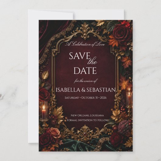 Gothic | Burgund & Gold Save The Date (Vorderseite)