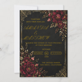 Gothic Burgundrote Rose & Goldfiligran Einladung