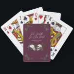 Gothic Burgundy Floral Skull Spielkarten<br><div class="desc">These Gothic Burgundy Floral Skull Poker Cards feature dramatic hand-drawn black ink skulls adorned with lush dark florals and intricate cross-hatching details on an elegant dark burgundy background. The design includes four dark floral corner accents, two skulls centered in the middle, and three editable text areas: a heading at the...</div>