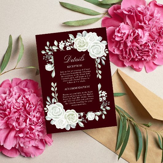 Gothic Burgundy White Roses Wedding Enclosure Card Einladung