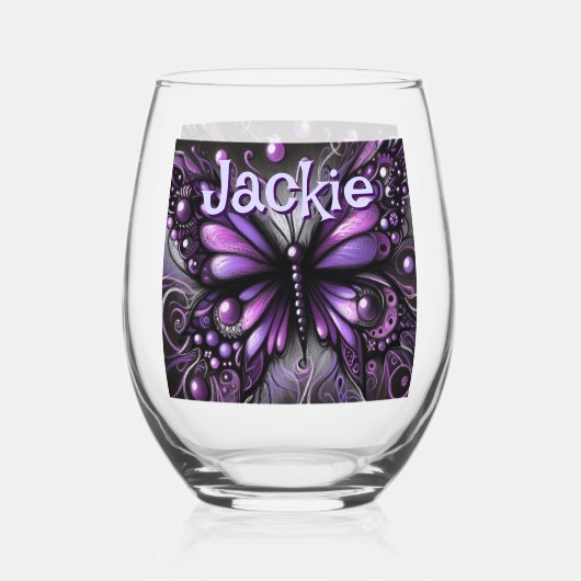 Gothic Butterfly Lila Black Personalisiert Weinglas Ohne Stiel (Vorderseite)
