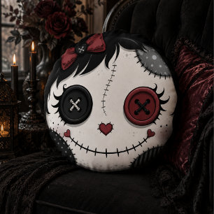 Gothic Button Eye Puppen-Gesicht Pink Schwarz Hall Rundes Kissen