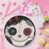 Gothic Button Eye Puppen-Gesicht Rosa Schwarz Hall Pappteller (Party)