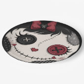 Gothic Button Eye Puppen-Gesicht Rosa Schwarz Hall Pappteller (Schrägansicht)