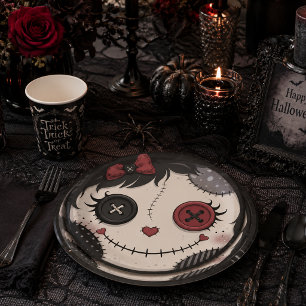 Gothic Button Eye Puppen-Gesicht Rosa Schwarz Hall Pappteller