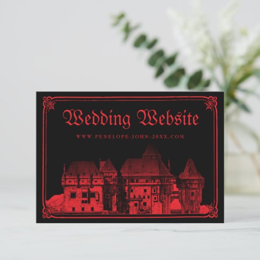 Gothic Castle Border Black Red Wedding Website Begleitkarte (Stehend Vorderseite)